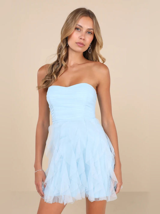 Light Blue mini homecoming dress, front view showing the silhouette