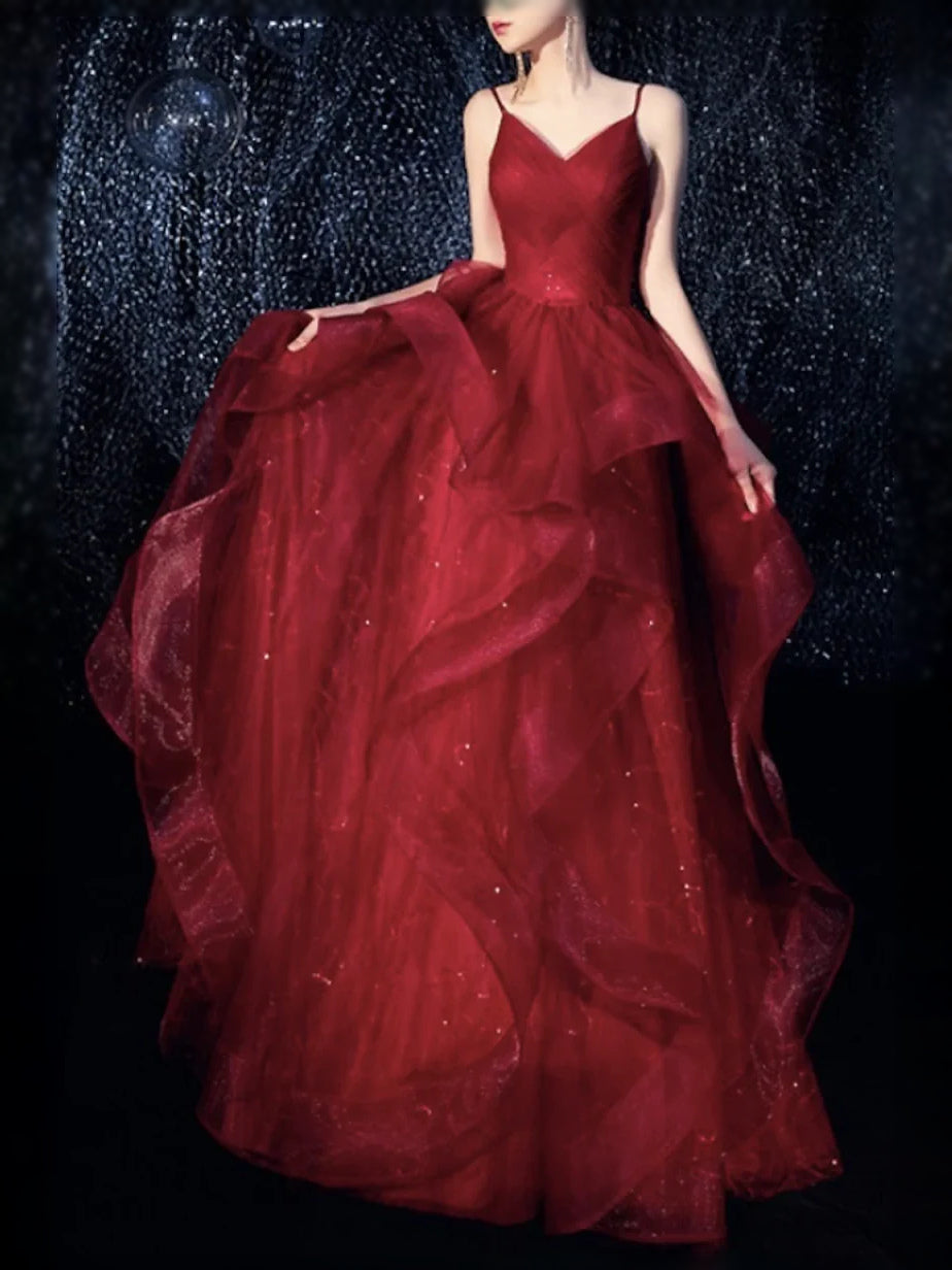Red floor-length prom dress, front view showing the a-line silhouette