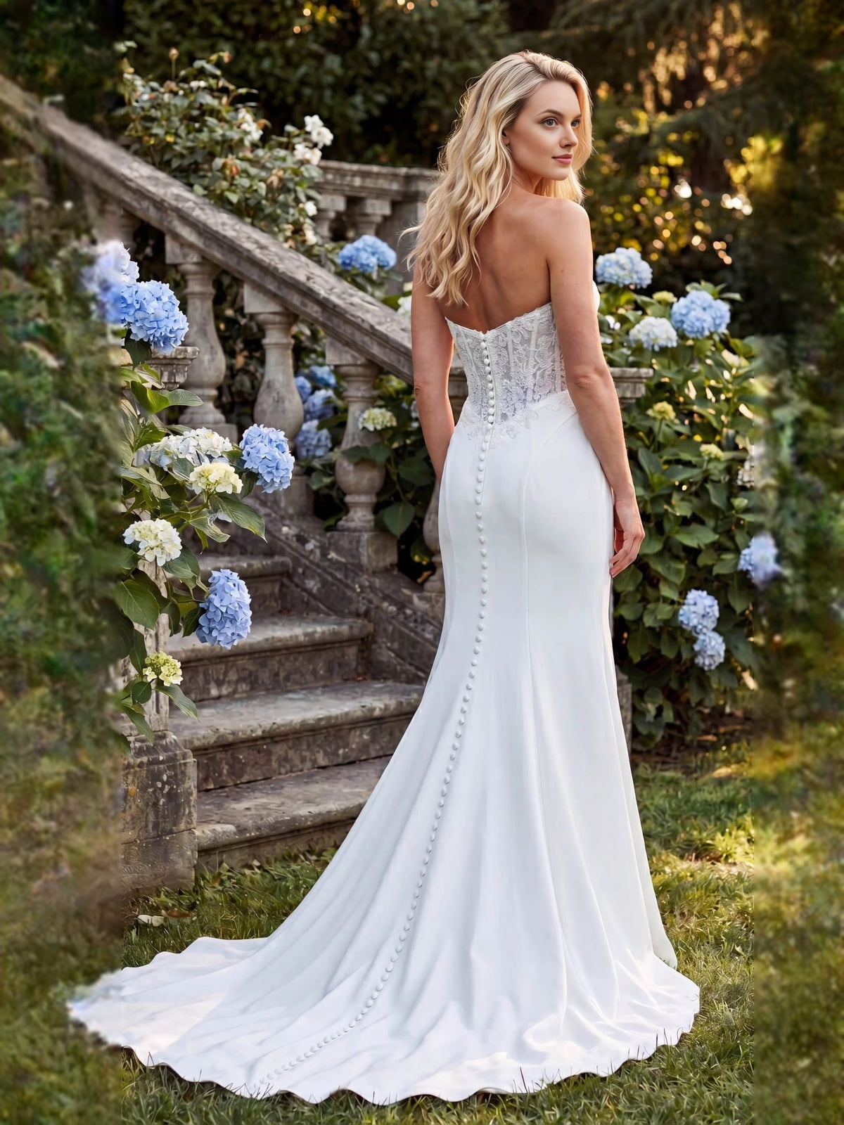 Ivory floor-length wedding dress, front view showing the mermaid silhouette