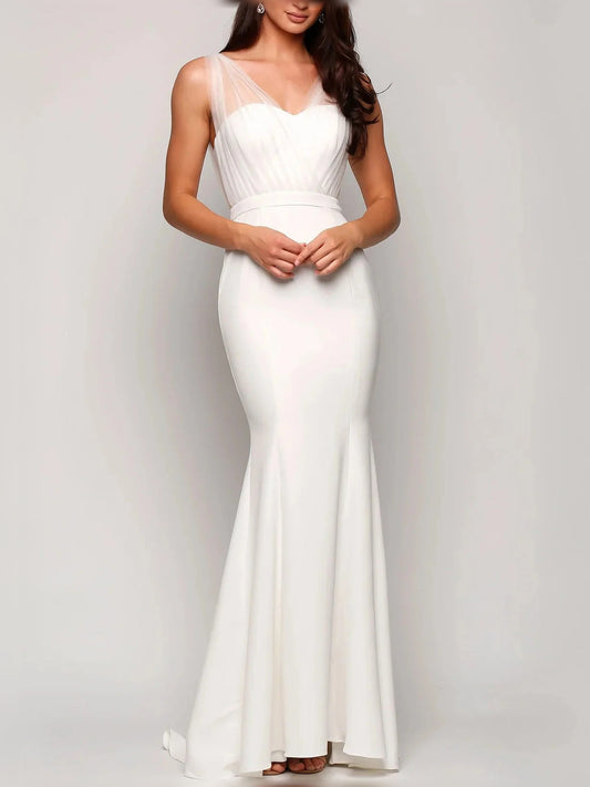 White maxi bridesmaid dress, front view showing the sheath silhouette