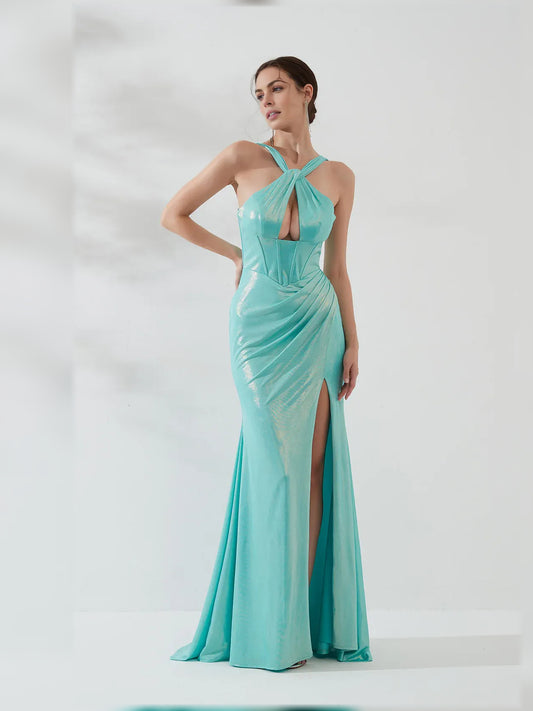 Ice Blue mermaid floor-length formal dress with halter neckline, full-length front view