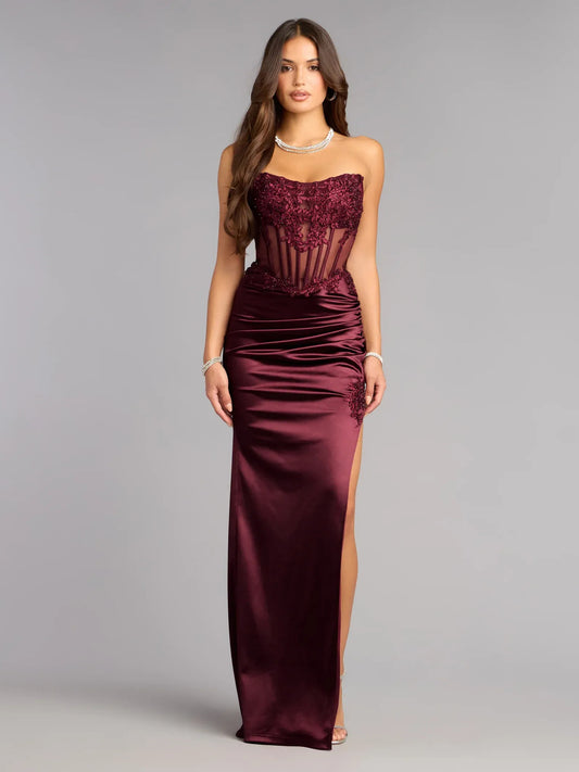 Wine column floor-length formal dress with strapless neckline, full-length front view