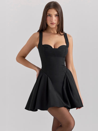 Black mini homecoming dress, front view showing the silhouette