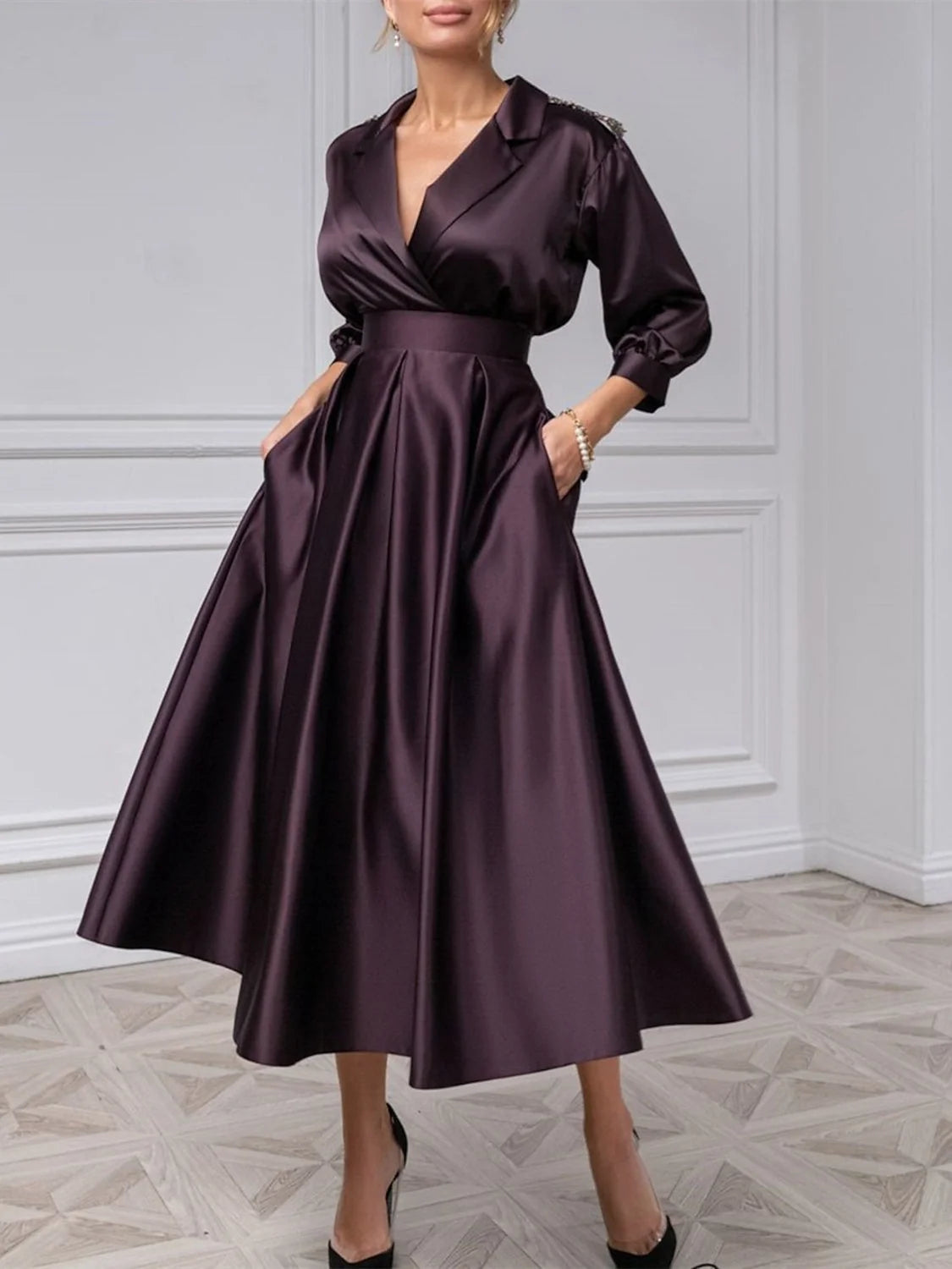 Deep Purple midi mother of the bride dress, front view showing the a-line silhouette