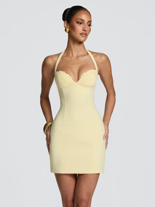 Lemon mini homecoming dress, front view showing the silhouette