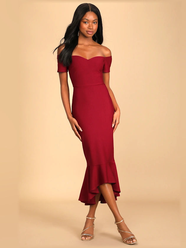 Black midi formal dress with off-the-shoulder neckline, full-length front view