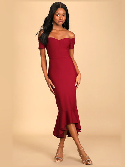 Black midi formal dress with off-the-shoulder neckline, full-length front view