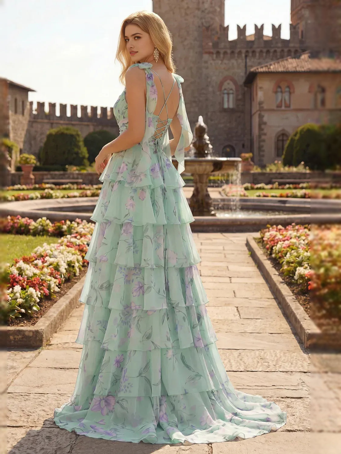 Green floor-length prom dress, front view showing the a-line silhouette