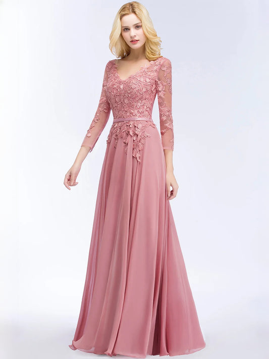 Dusty Pink floor-length prom dress, front view showing the a-line silhouette