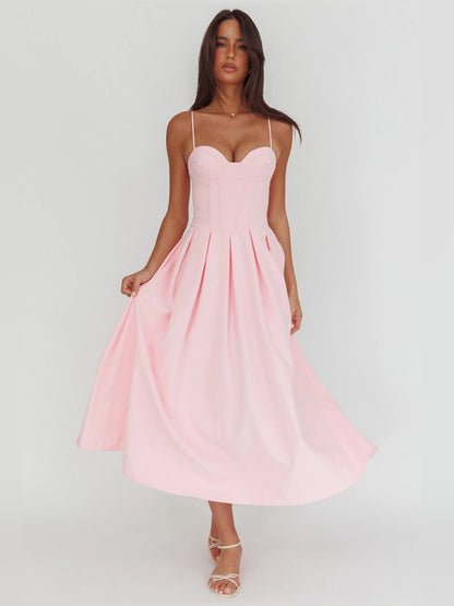 Pink midi formal dress with sweetheart neckline, full-length front view