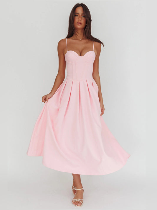 Pink midi formal dress with sweetheart neckline, full-length front view