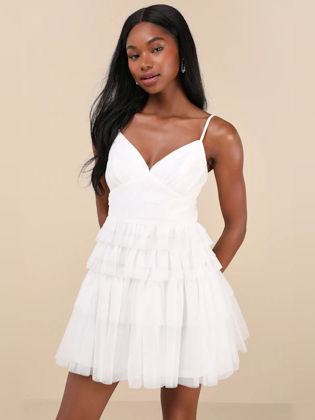 White mini homecoming dress, front view showing the silhouette