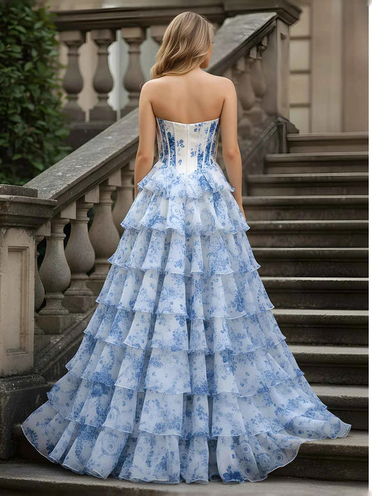 Pink floor-length prom dress, front view showing the a-line silhouette