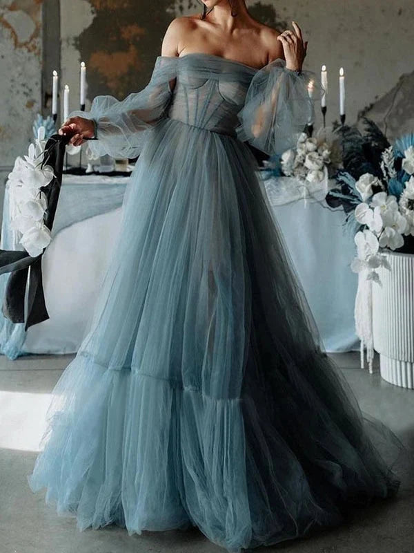 Dusty Blue maxi prom dress, front view showing the a-line silhouette