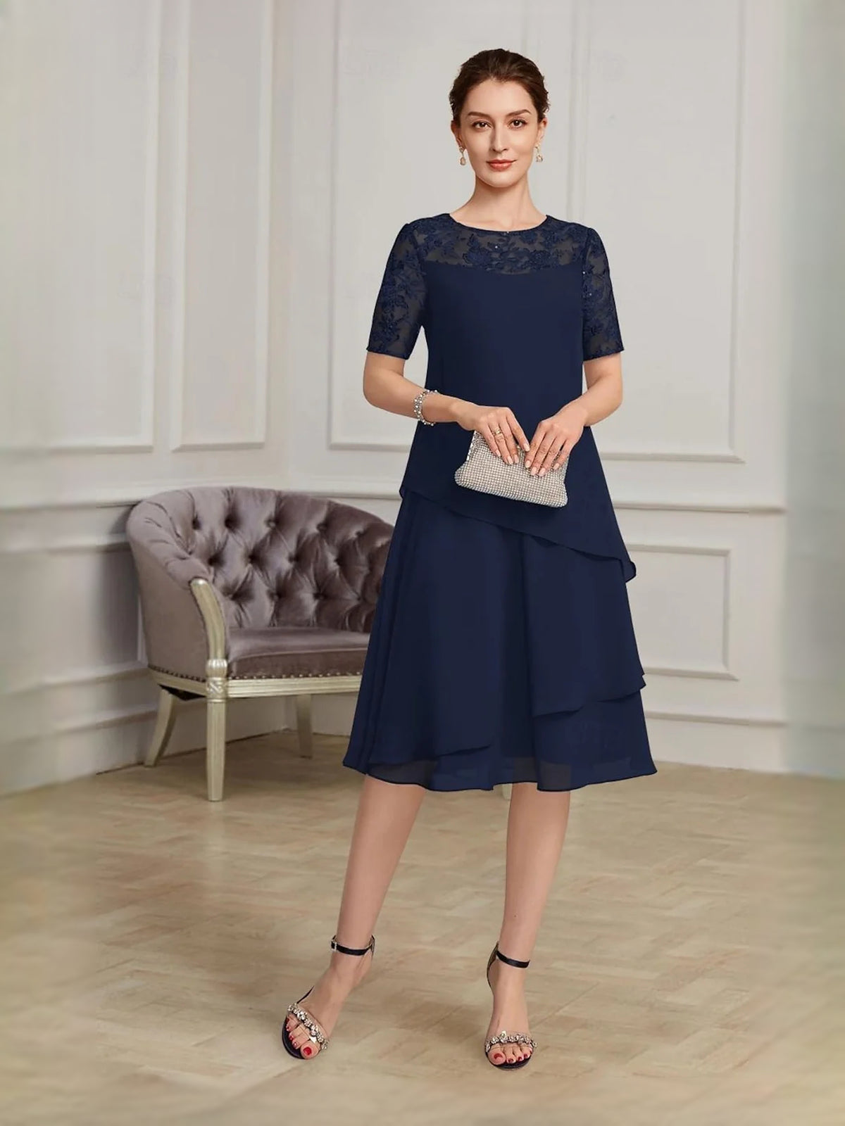 Navy Blue short mother of the bride dress, front view showing the a-line silhouette