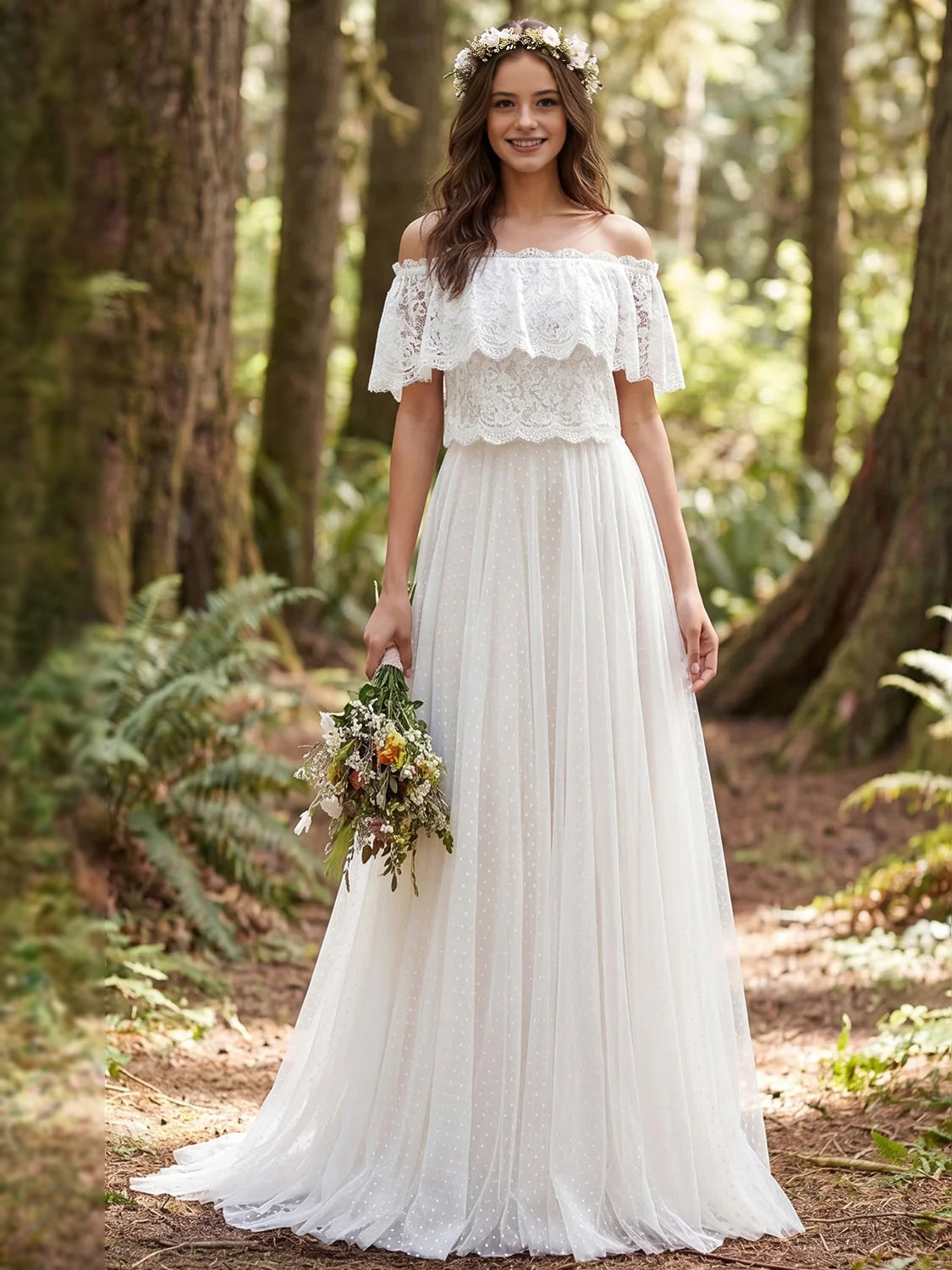 Ivory floor-length wedding dress, front view showing the a-line silhouette