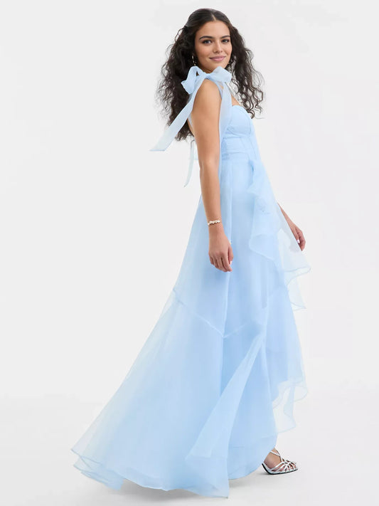 Light Blue floor-length prom dress, front view showing the a-line silhouette