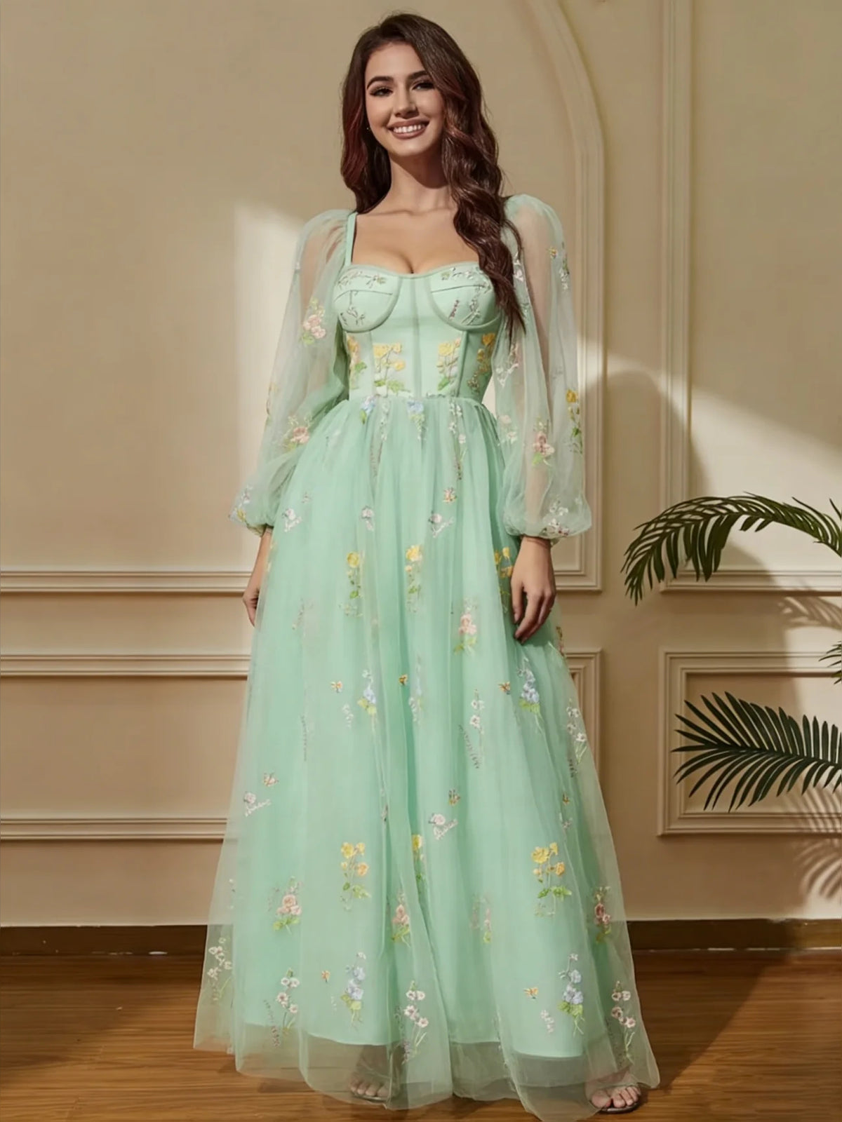 Mint Green midi prom dress, front view showing the a-line silhouette