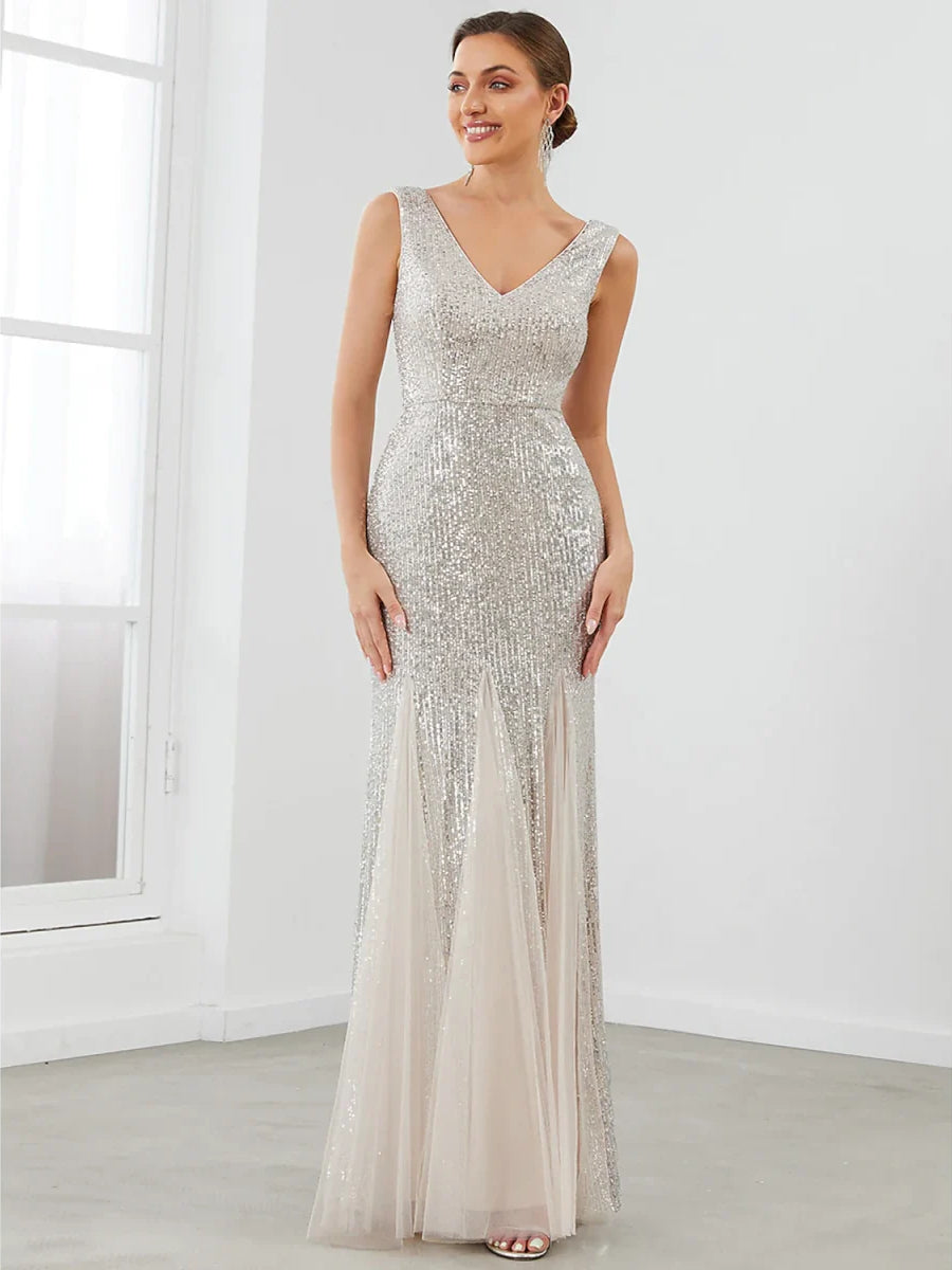 Silver a-line floor-length formal dress with V-neckline, full-length front view