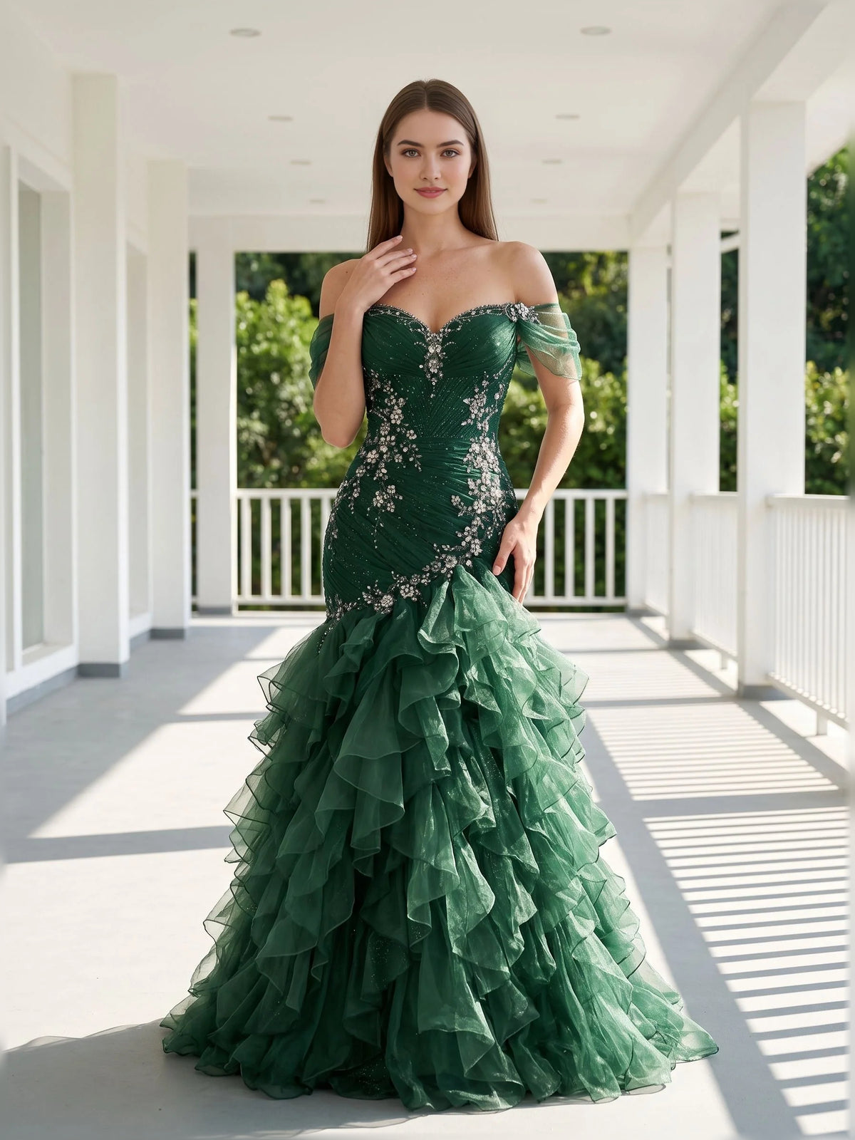 Emerald Green mermaid floor-length formal dress with off-the-shoulder neckline, full-length front view