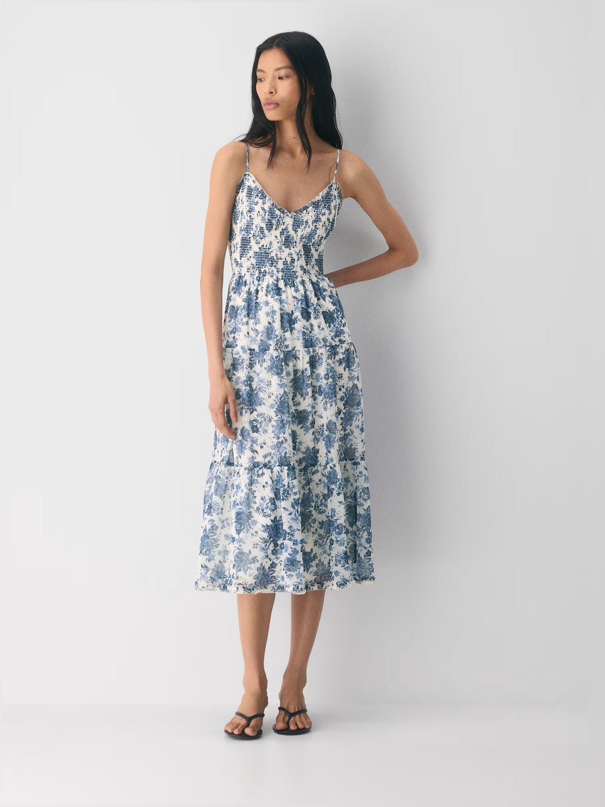 Floral midi formal dress with V-neckline, full-length front view