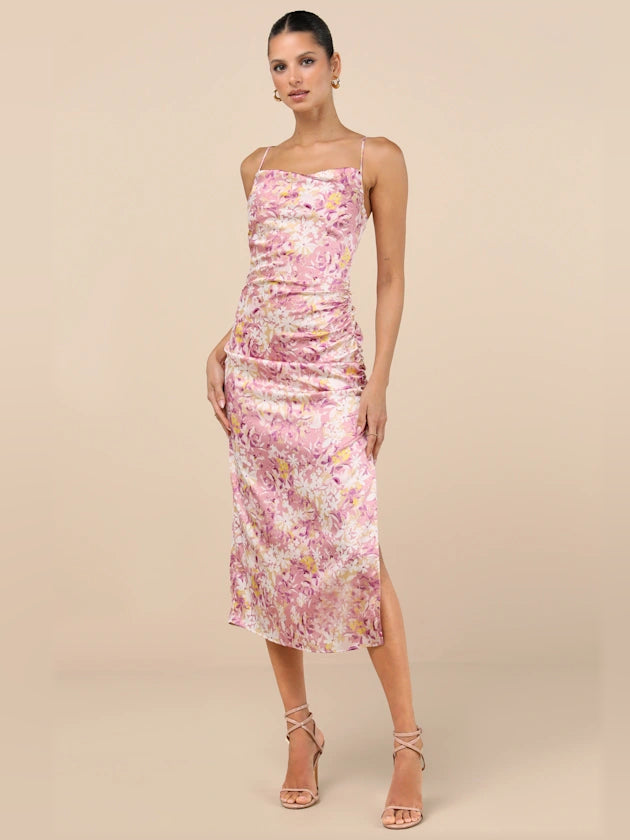 Pink Floral midi formal dress with floral print, full-length front view