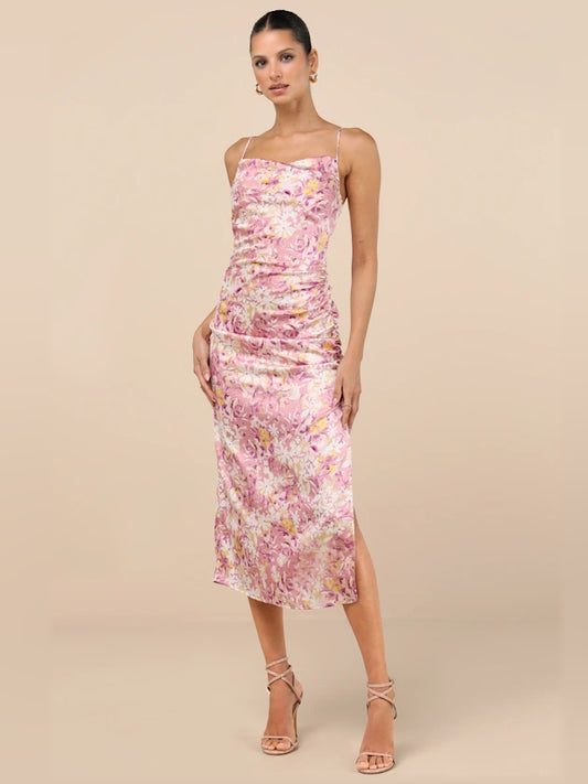 Pink Floral midi formal dress with floral print, full-length front view
