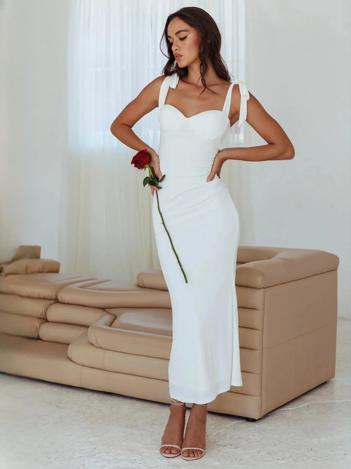 White midi wedding dress, front view showing the sheath silhouette