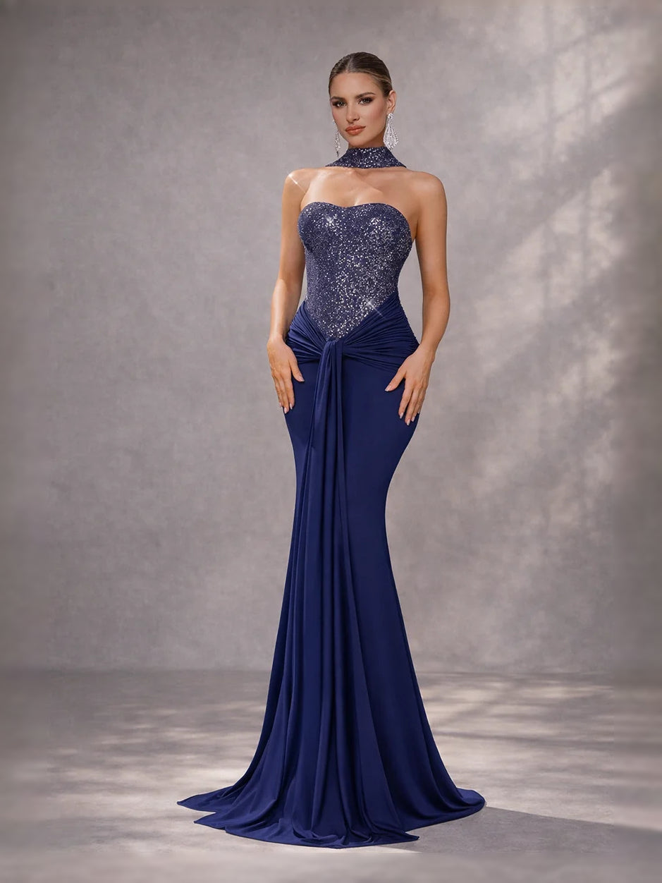 Dark Navy floor-length prom dress, front view showing the mermaid silhouette