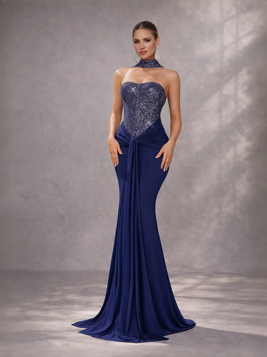 Dark Navy floor-length prom dress, front view showing the mermaid silhouette