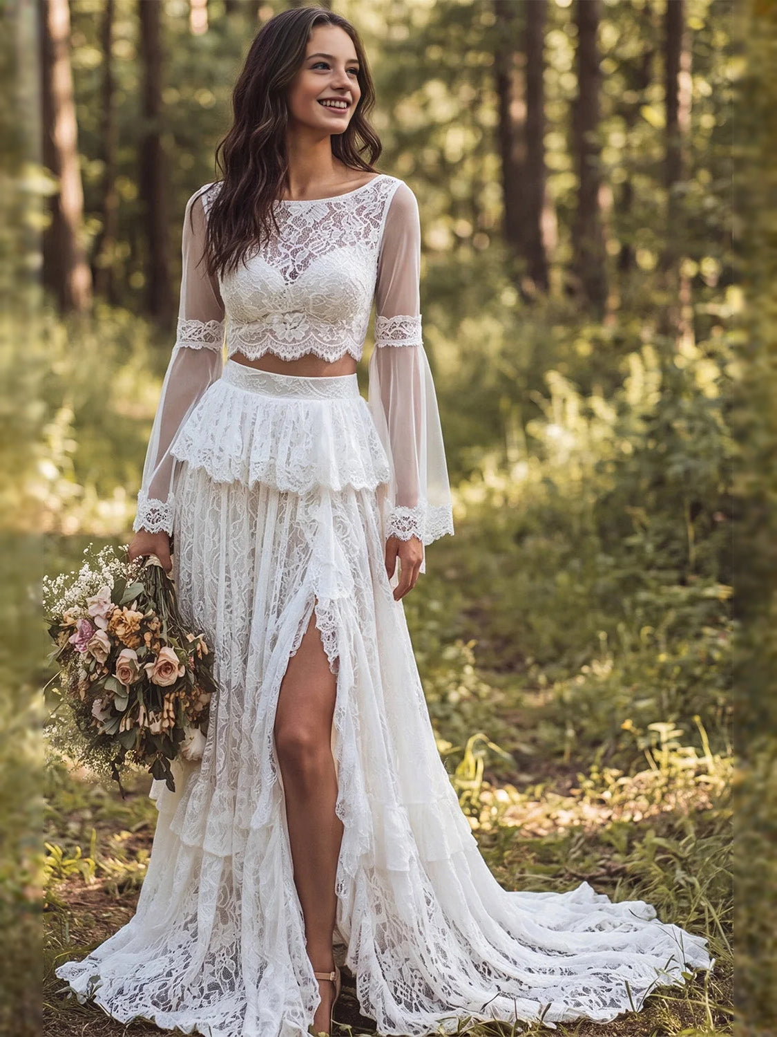 Ivory floor-length wedding dress, front view showing the a-line silhouette