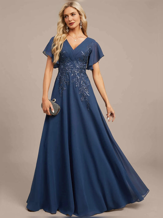 Dark Blue maxi mother of the bride dress, front view showing the a-line silhouette