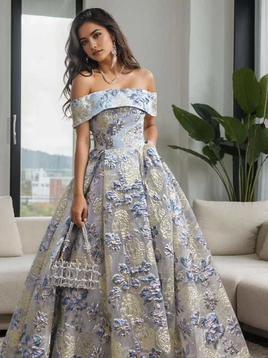 Powder Blue floor-length prom dress, front view showing the a-line silhouette