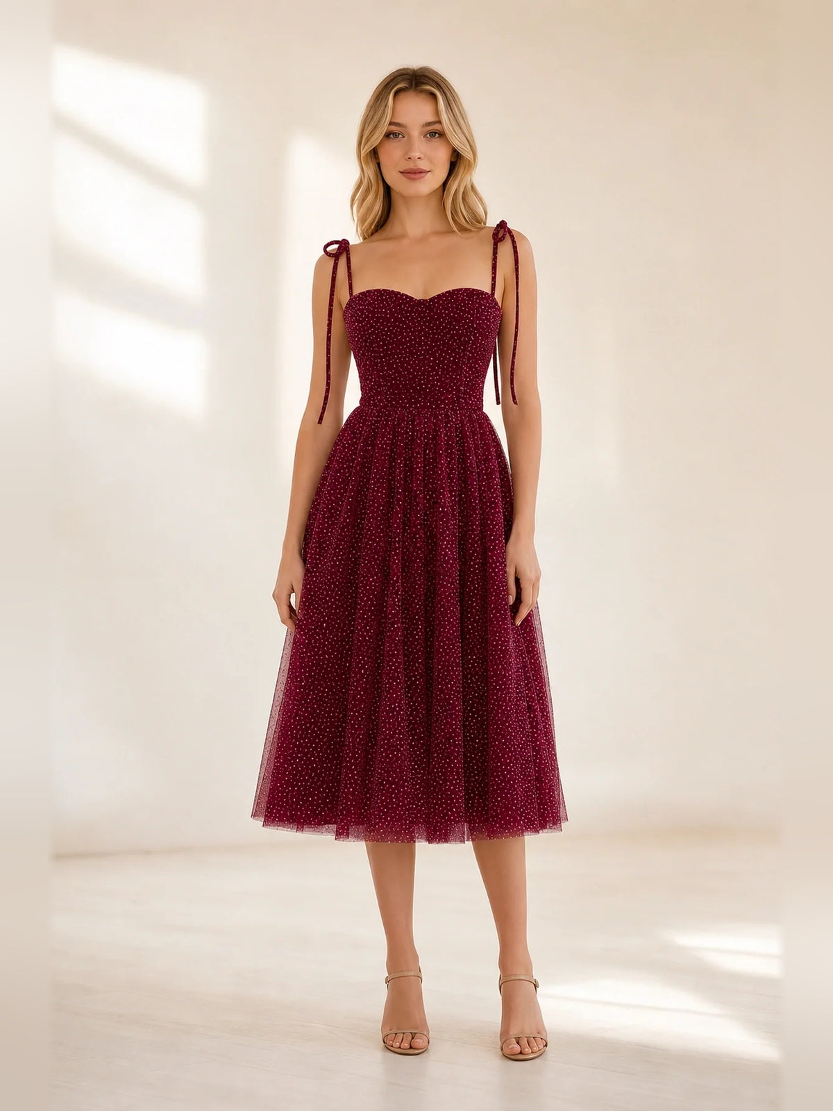 Burgundy midi homecoming dress, alternate view showing the full-length silhouette