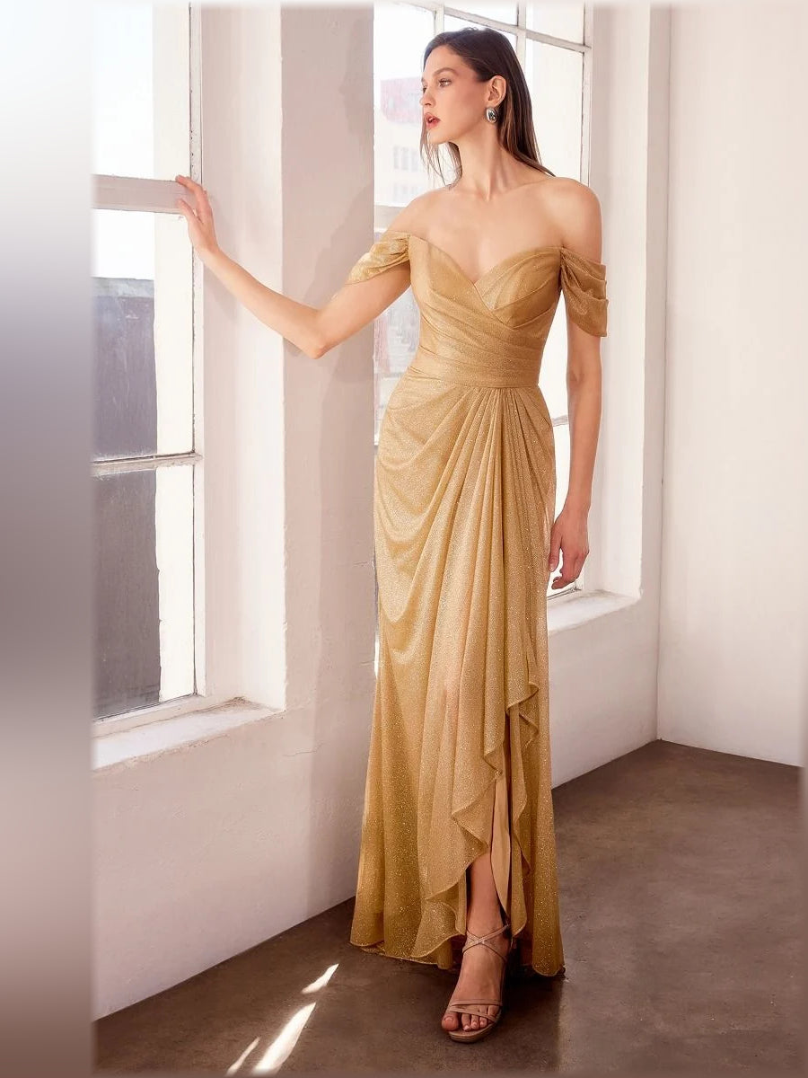Gold sheath floor-length formal dress with off-the-shoulder neckline, full-length front view