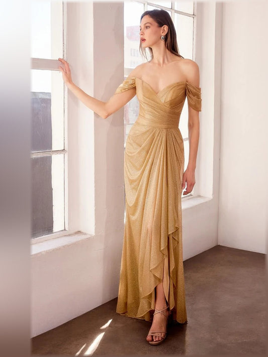 Gold sheath floor-length formal dress with off-the-shoulder neckline, full-length front view