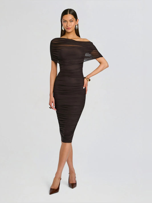 Black sheath midi formal dress with off-the-shoulder neckline, full-length front view