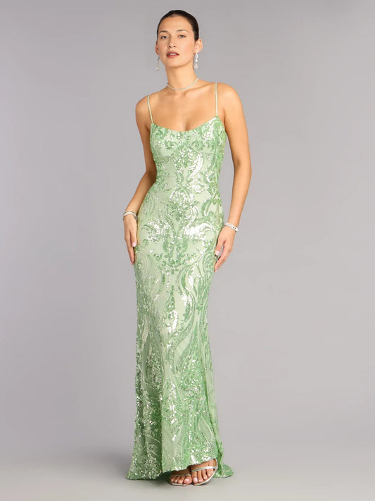 Sage Green floor-length prom dress, front view showing the mermaid silhouette