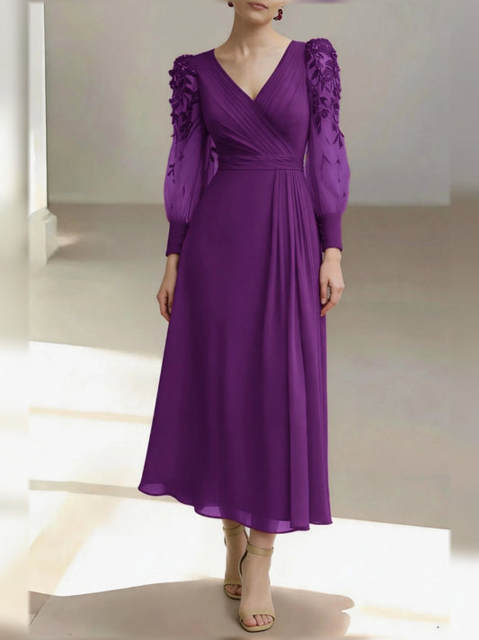 Deep Purple midi mother of the bride dress, front view showing the a-line silhouette