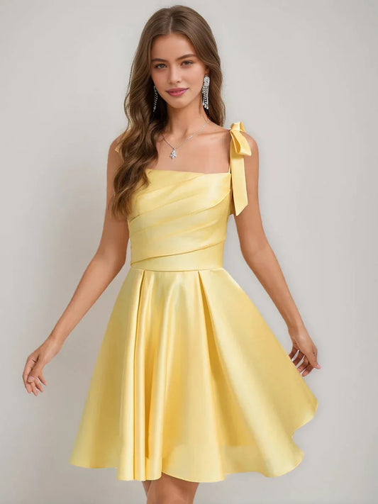 Marigold short homecoming dress, alternate view showing the full-length silhouette