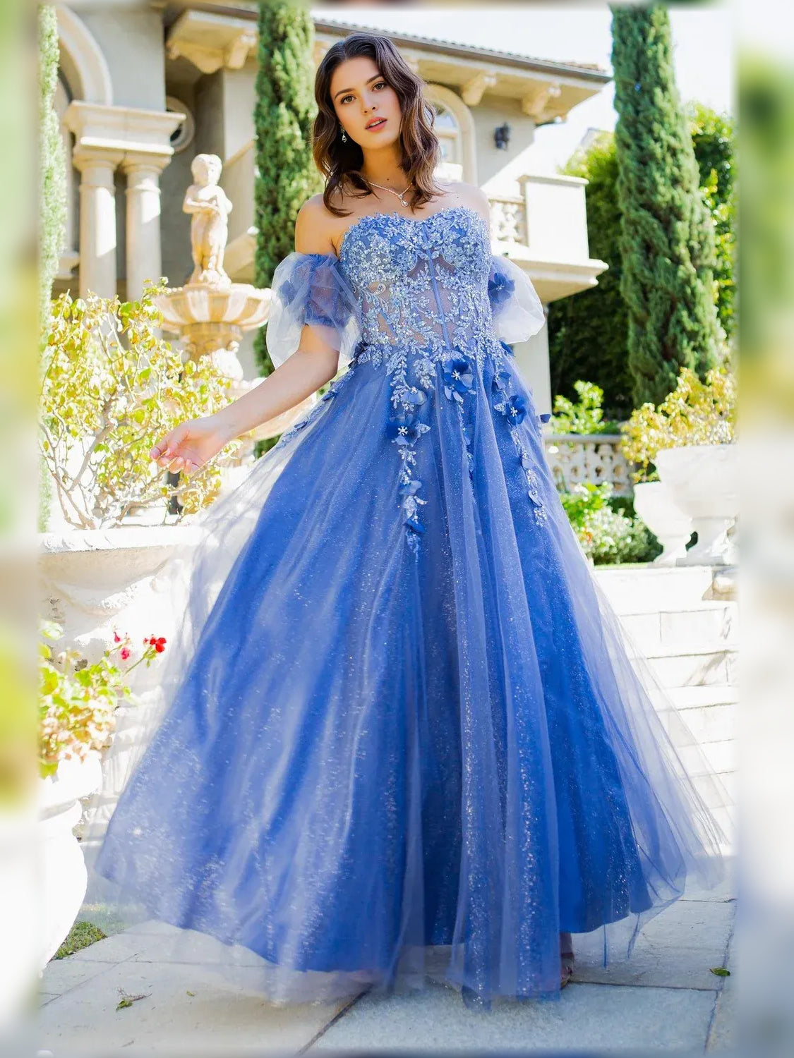 Blue a-line floor-length formal dress with off-the-shoulder neckline, full-length front view