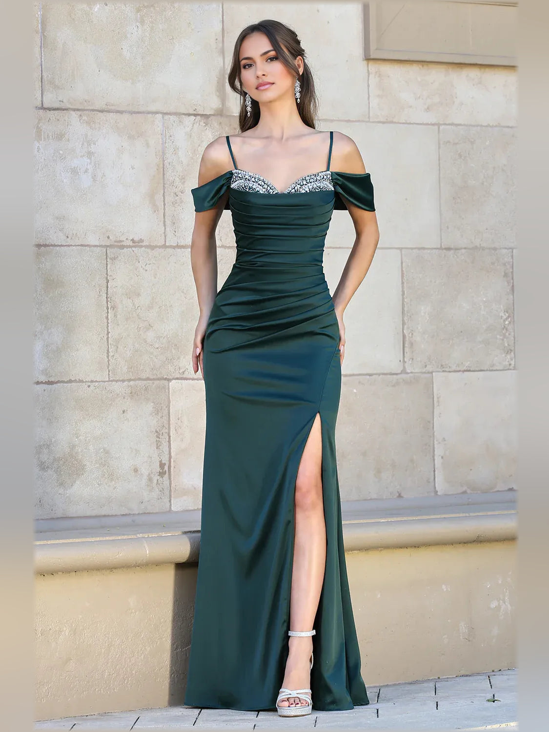 Dark Green mermaid floor-length formal dress with off-the-shoulder neckline, full-length front view