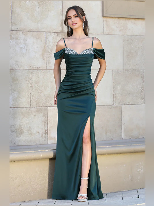 Dark Green mermaid floor-length formal dress with off-the-shoulder neckline, full-length front view