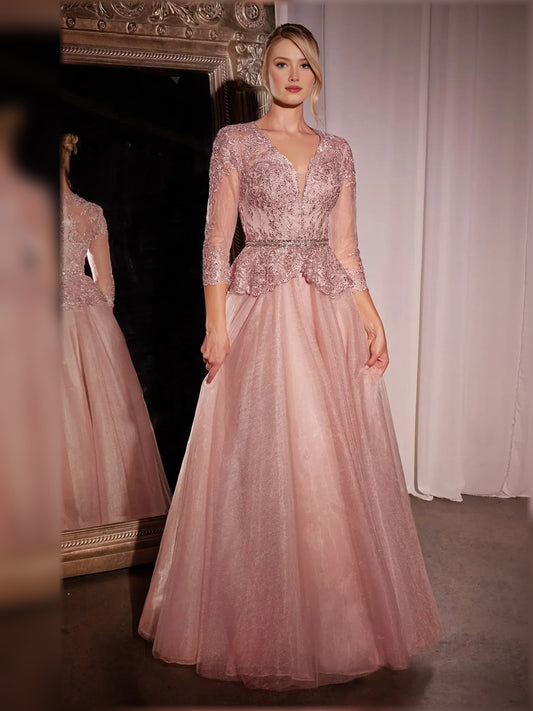 Rose Gold floor-length mother of the bride dress, front view showing the a-line silhouette