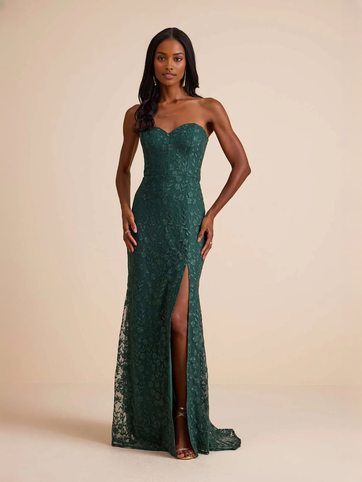 Dark Green maxi prom dress, front view showing the mermaid silhouette