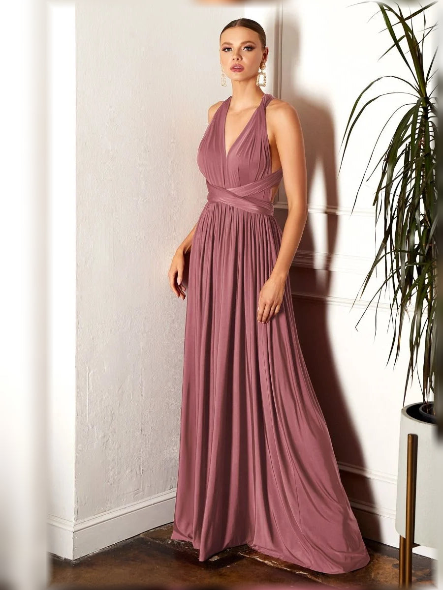 Rose Gold a-line floor-length formal dress with halter neckline, full-length front view