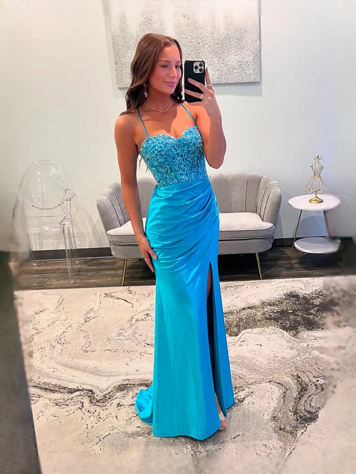 Blue floor-length prom dress, front view showing the column silhouette
