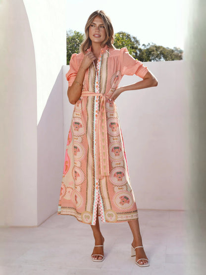Acacia Palm Melon midi formal dress with printed pattern, full-length front view