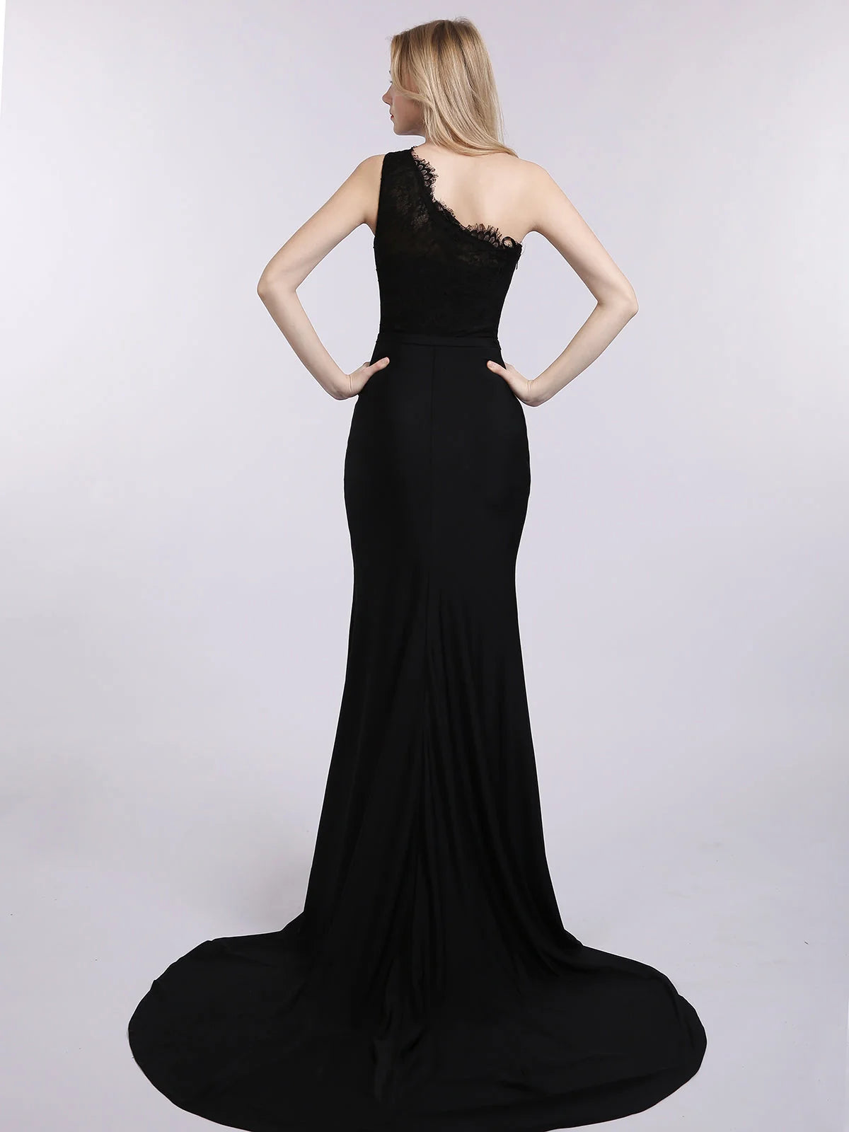 Black maxi prom dress, front view showing the mermaid silhouette