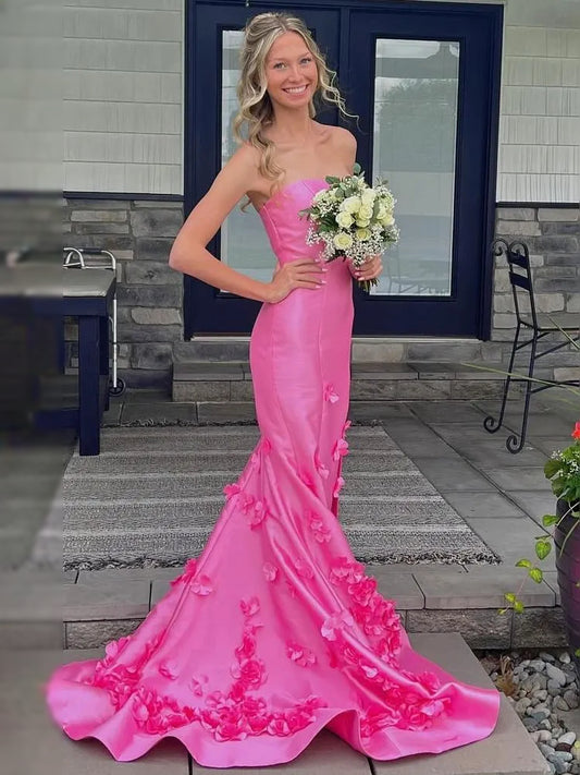 Pink floor-length prom dress, front view showing the mermaid silhouette